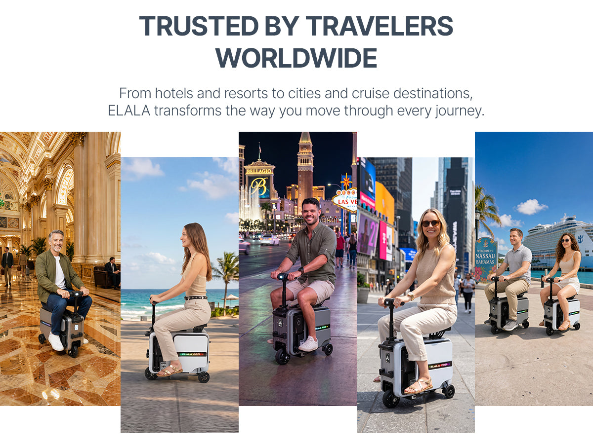 Collage of Elala Pro riders at luxury hotel, beach resort, Las Vegas, Times Square, Nassau.